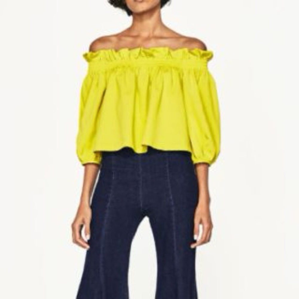 3 for $15 Zara Bright Yellow Off the Shoulder Ruffle Top Neon Y2K Summer Bright - Picture 1 of 8